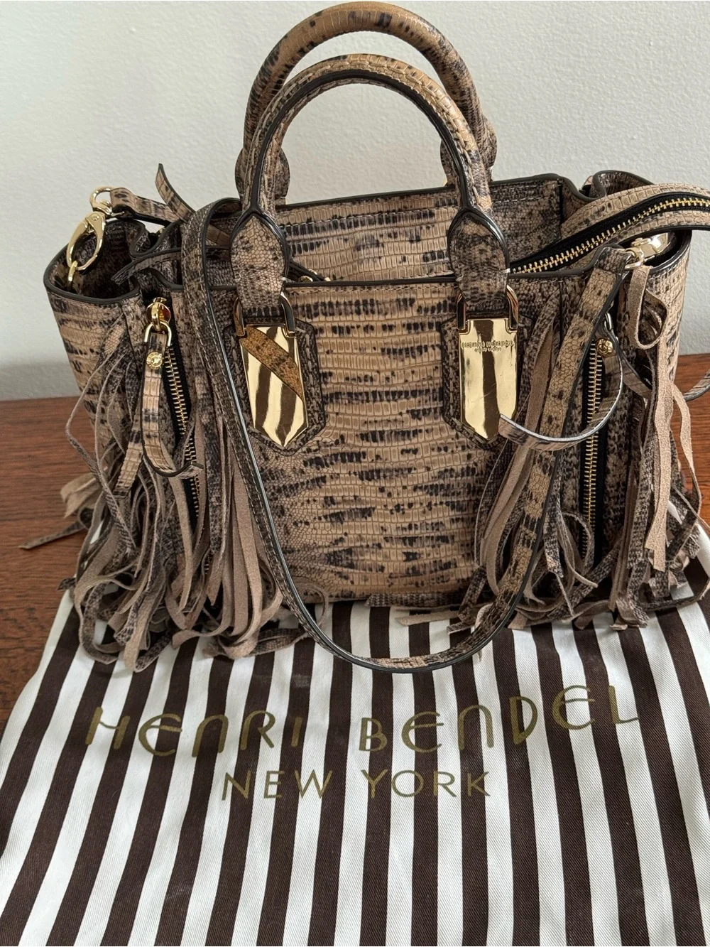 Henri Bendel A-List Lizard Embossed Fringe Satchel/Crossbody with Dust Bag